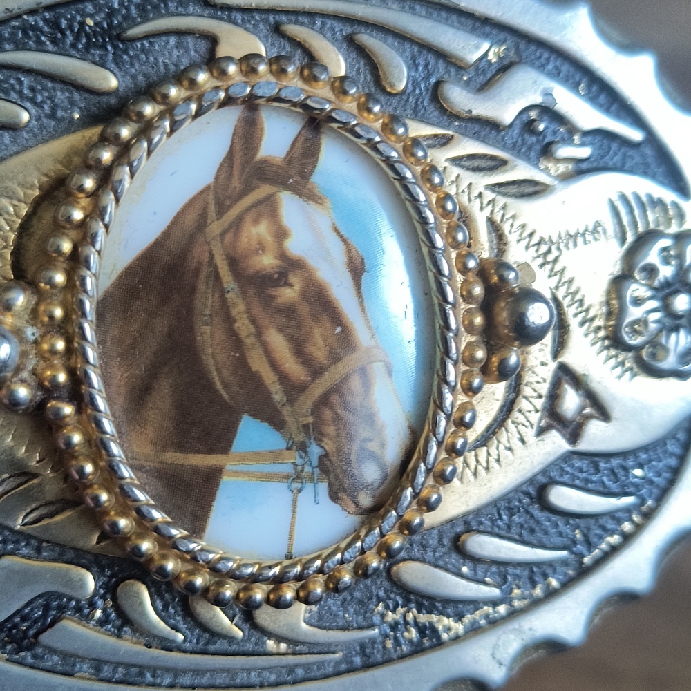Vintage Western Metal Horse Floral Medallion Cameo Belt Buckle - Picture 2 of 6